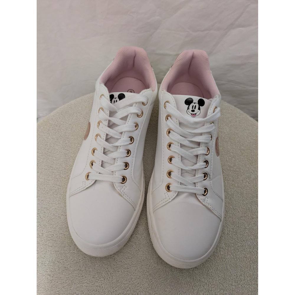 Disney Mickey Mouse Court Sneakers Women's 9 White Rose Gold Glitter Lace-Up